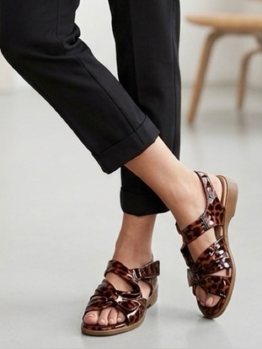 Beautifeel Leopard/Tortoise Patent Leather Sandals, Velcro Closure, EU40 (US9)